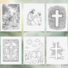 Set of six coloring pages with religious Easter themes on a gradient background