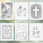 Set of six coloring pages with religious Easter themes on a gradient background