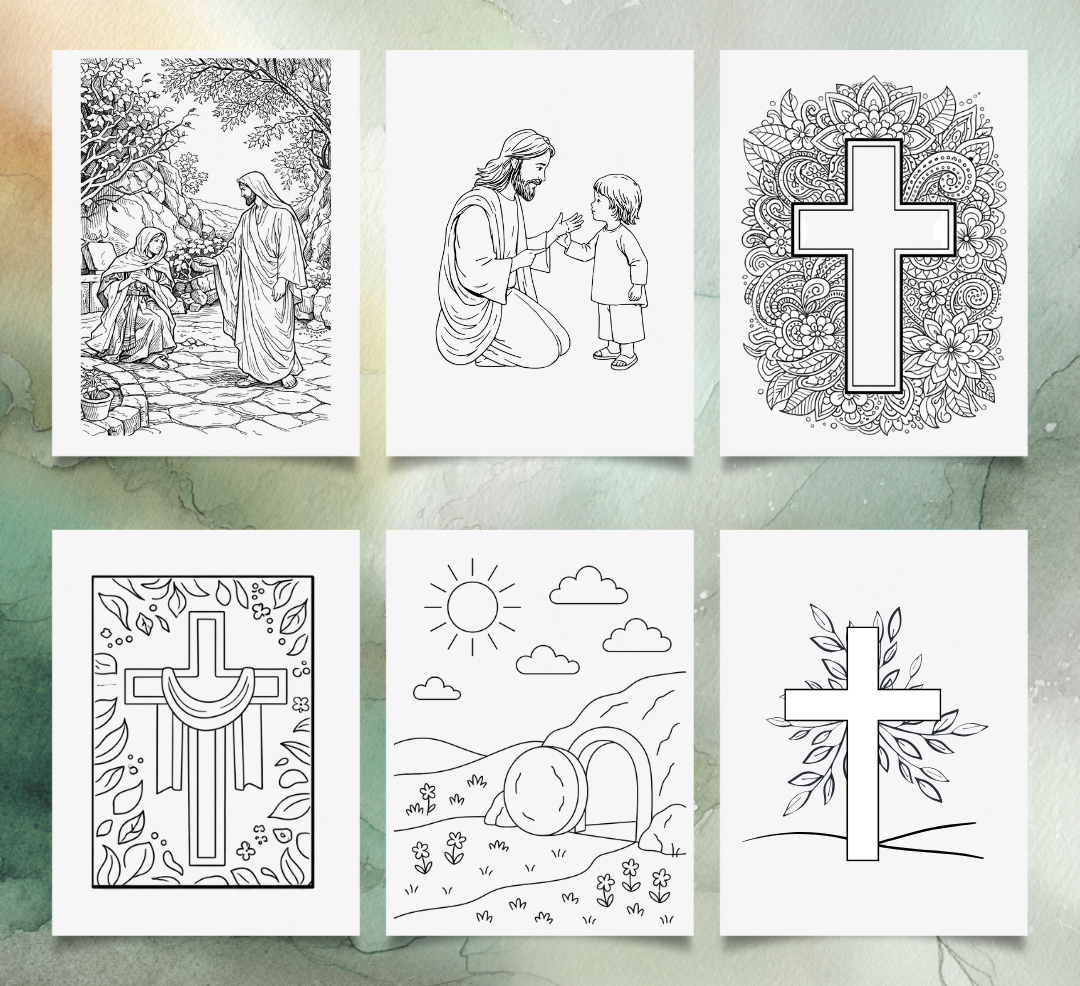 Set of six coloring pages with religious Easter themes on a gradient background