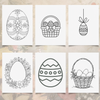 Set of six black and white Easter-themed coloring pages on a floral background.