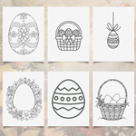 Set of six black and white Easter-themed coloring pages on a floral background.