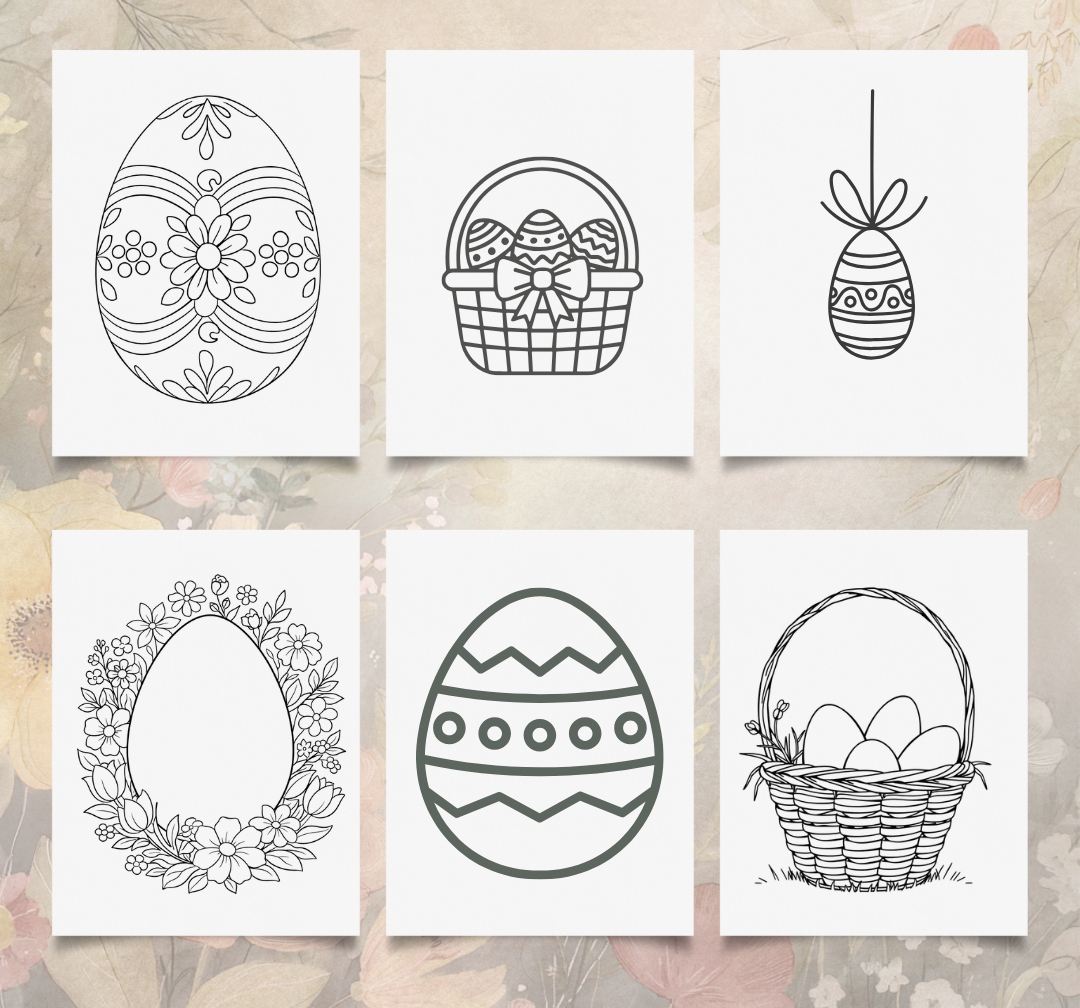 Set of six black and white Easter-themed coloring pages on a floral background.