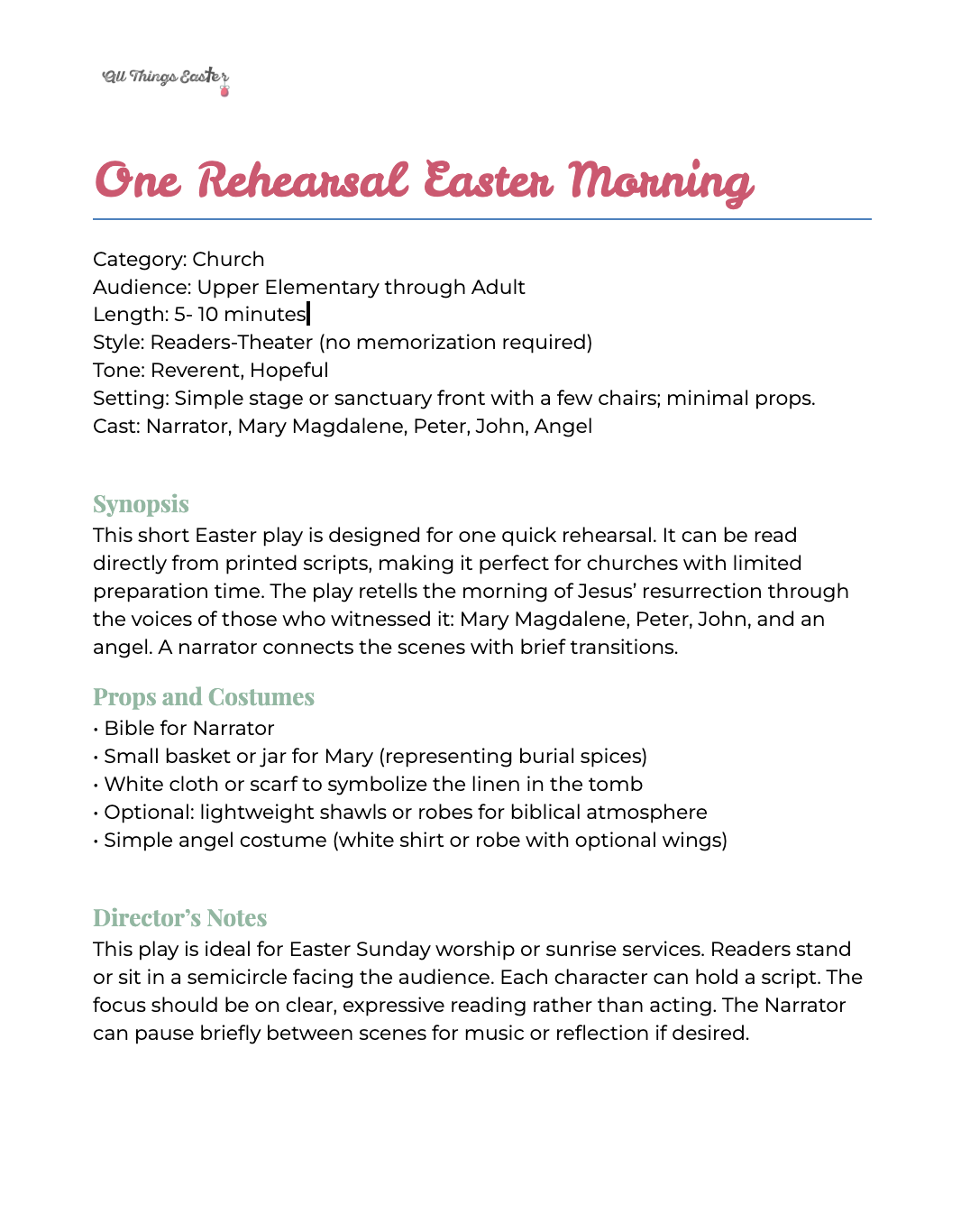 One Rehearsal Easter Morning - Free Easter Play Script (PDF Download)