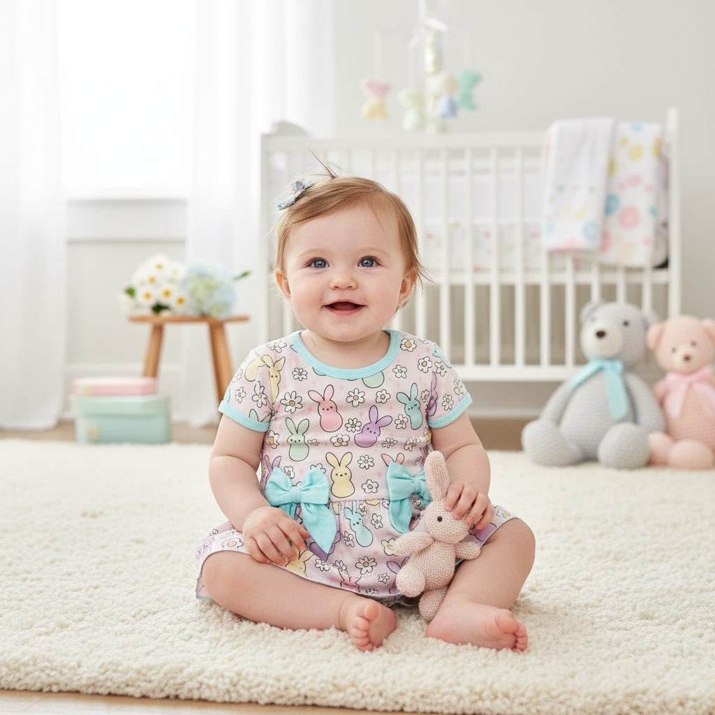 Pastel bamboo bunny romper dress with snap bottom