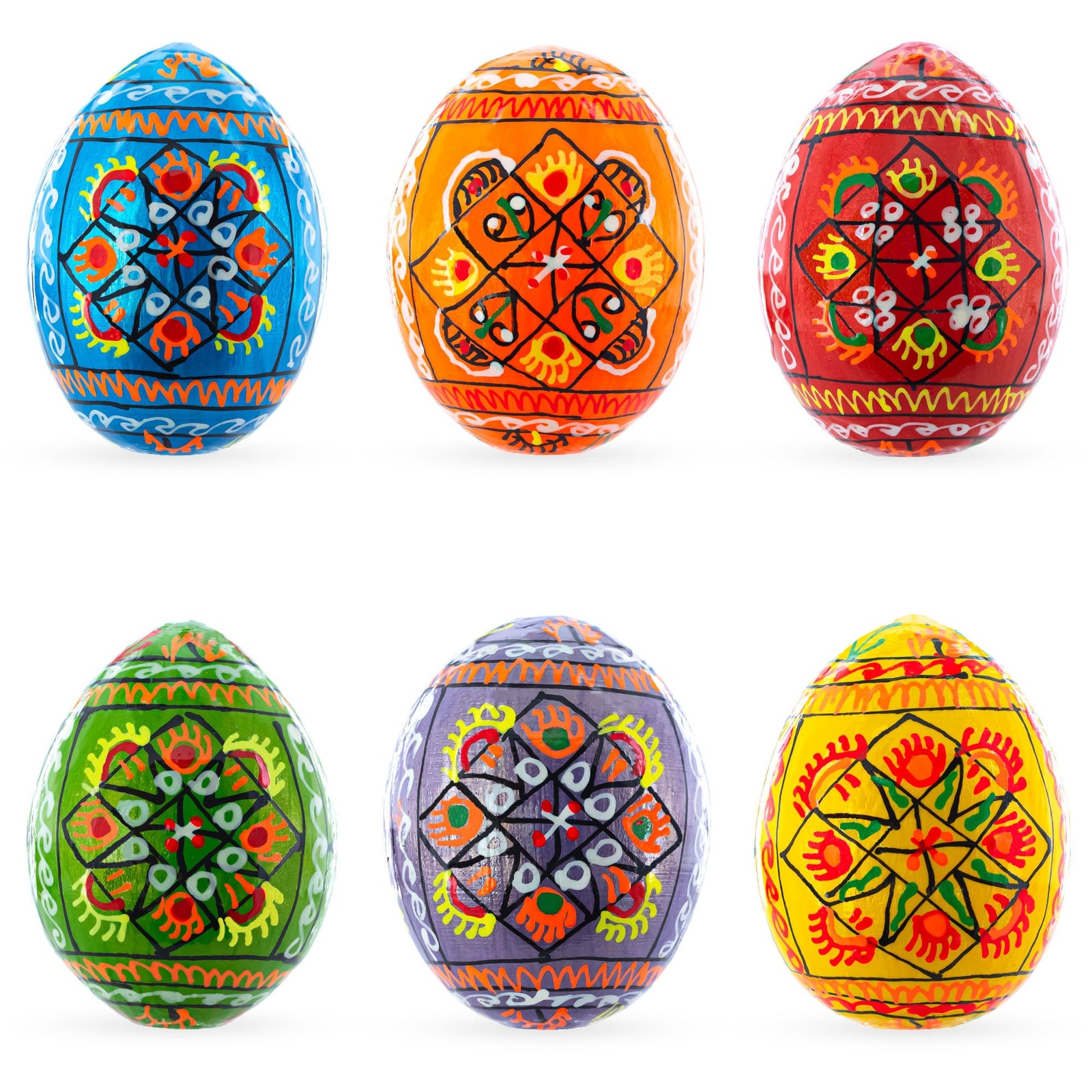 Set of 6 Pearlized Ukrainian Pysanky Wooden Easter Eggs 2.5 Inches